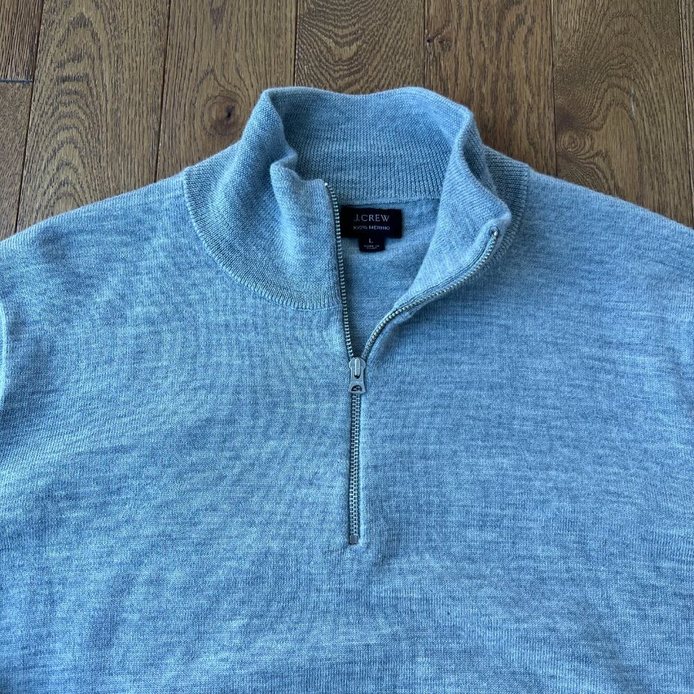 J.Crew 100% Merino Wool Quarter Zip Sweater Mens‎ L Gray Lightweight Pullover - Picture 4 of 6
